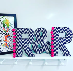Navy and white chevron pompom fabric letter bright pink